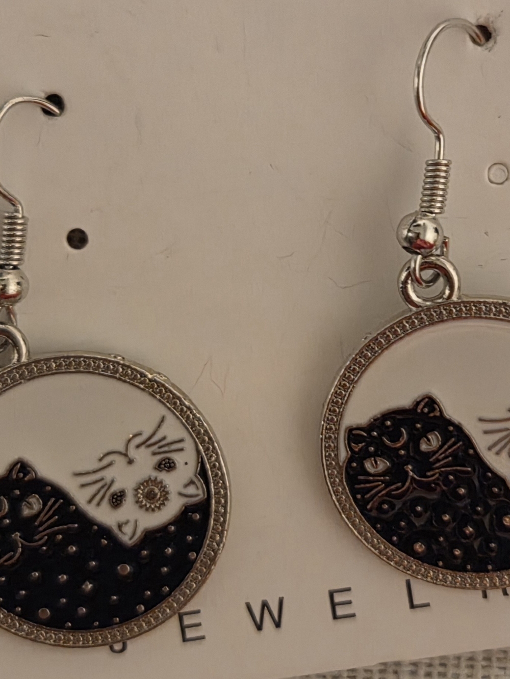 Cat Face Silver-Tone Dangle Earrings - Black & White